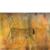 A watercolor painting of a powerful leopard moves through a golden-orange atmosphere.