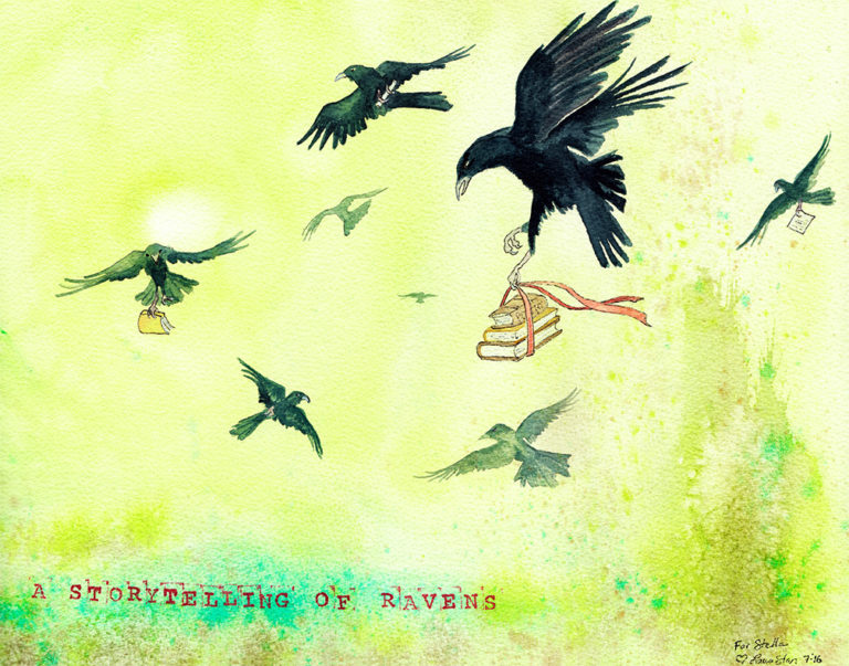 A Storytelling of Ravens wtercolor painting of ravens with books and paper