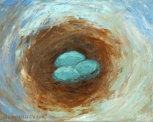 Oil and cold wax painting of a blue nest.