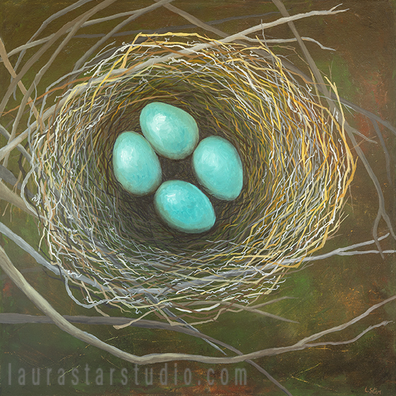 Oil painting of 4 bright blue finch eggs