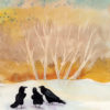 Watercolor of 3 ravens chatting on a snowy day.