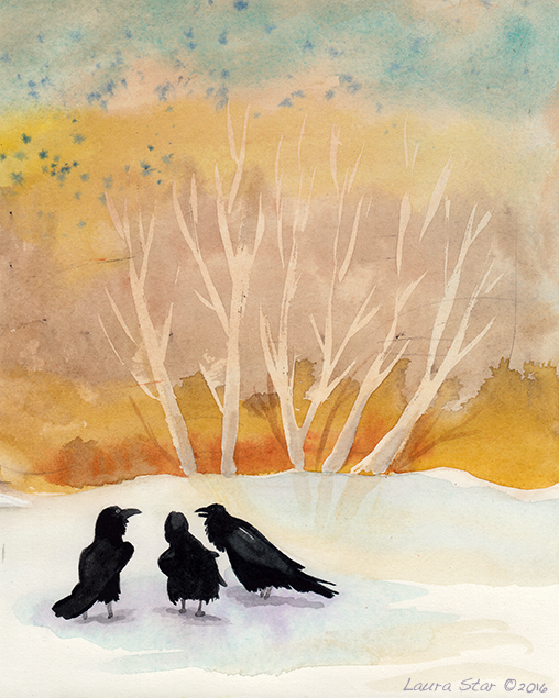 Watercolor of 3 ravens chatting on a snowy day.