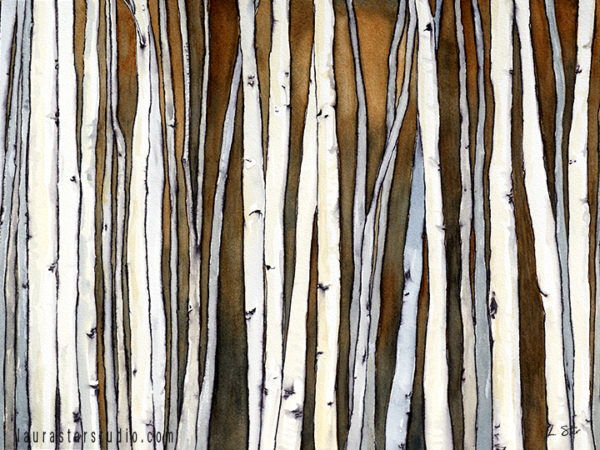 watercolor painting of the moon glowing through an aspen grove.